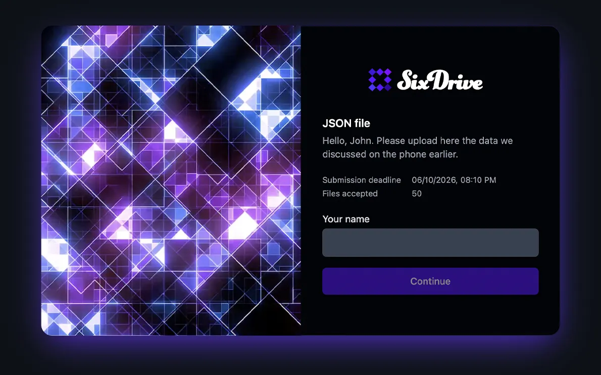 SixDriveのファイル回収・受信ページ（/c/トークン）。取引先がアカウント不要で、名前を入力してファイルをドラッグ&ドロップでアップロードする画面